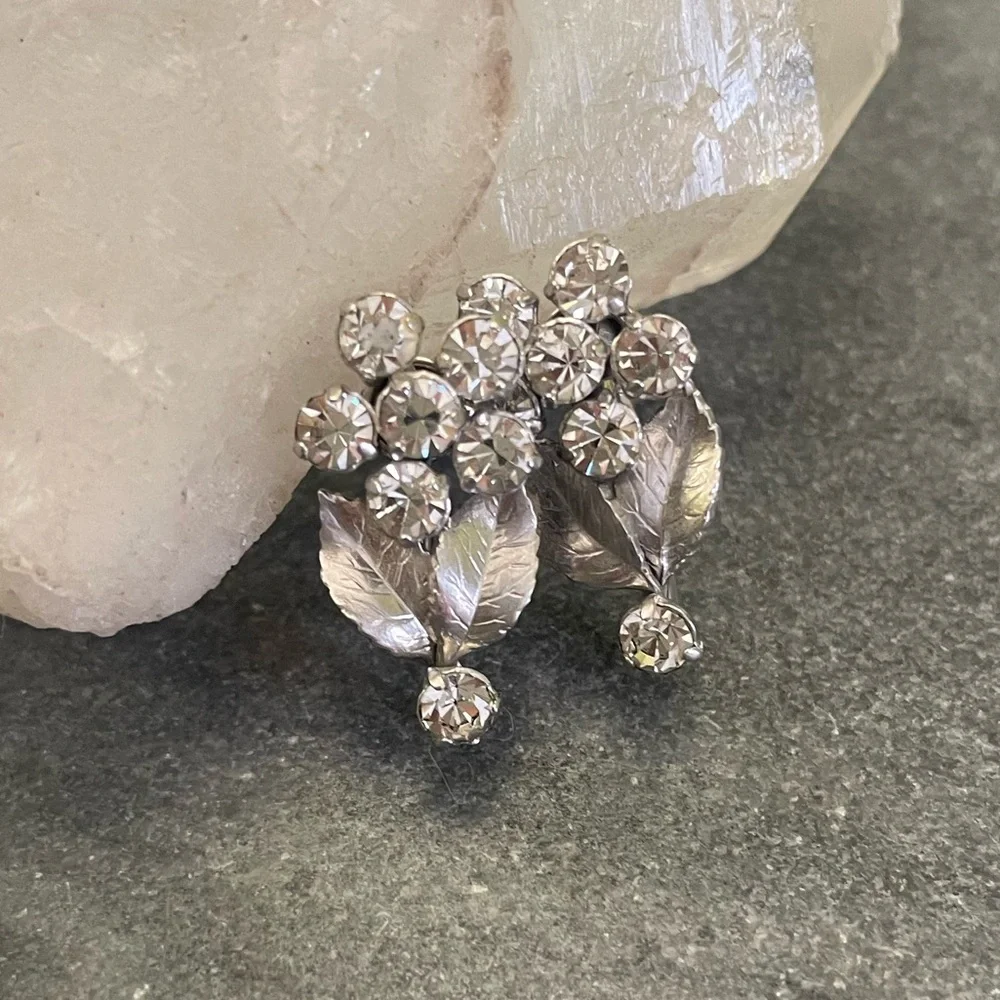 Vintage Silver Flower Crystal Clip-On Earrings